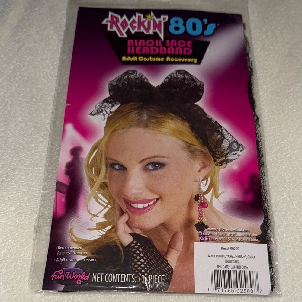 Fun‎ World Rockin 80s Black Lace Headband Retro Bow Costume Accessory 90209 NEW